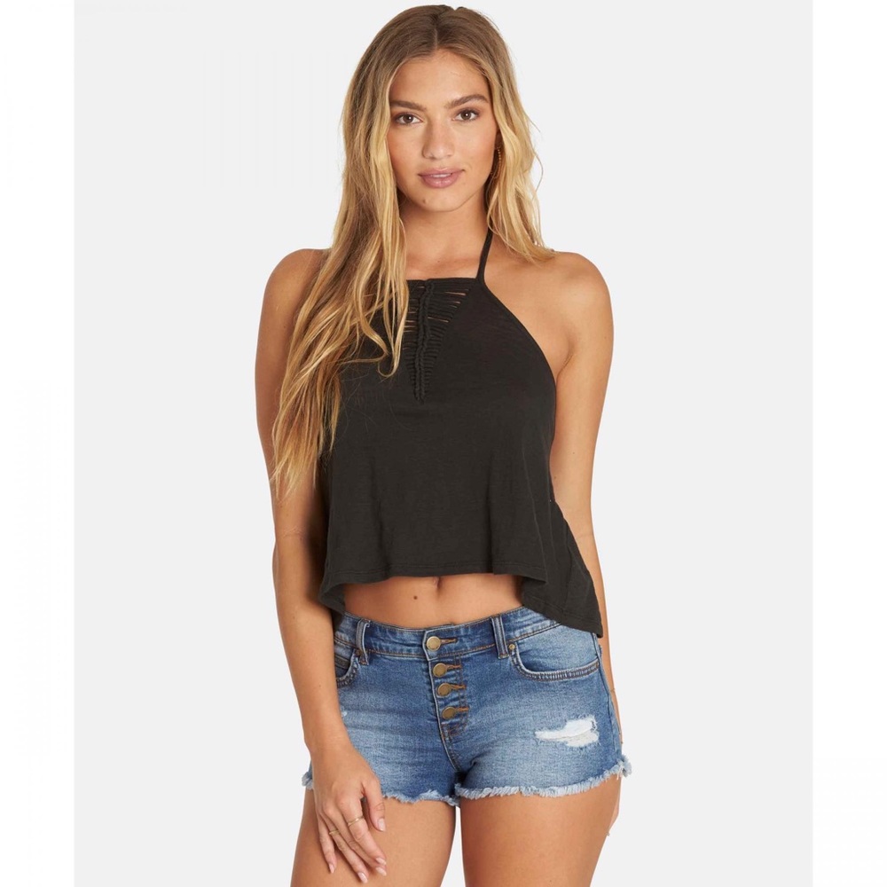 BILLABONG WOMENS RAY ME KNIT HALTER CROP TOP BLACK, BLACK TOPS